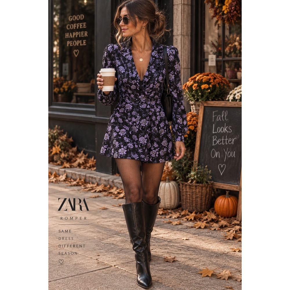 Zara Black Purple Floral Blazer Romper Sz M Romantic Dark Academia Fall